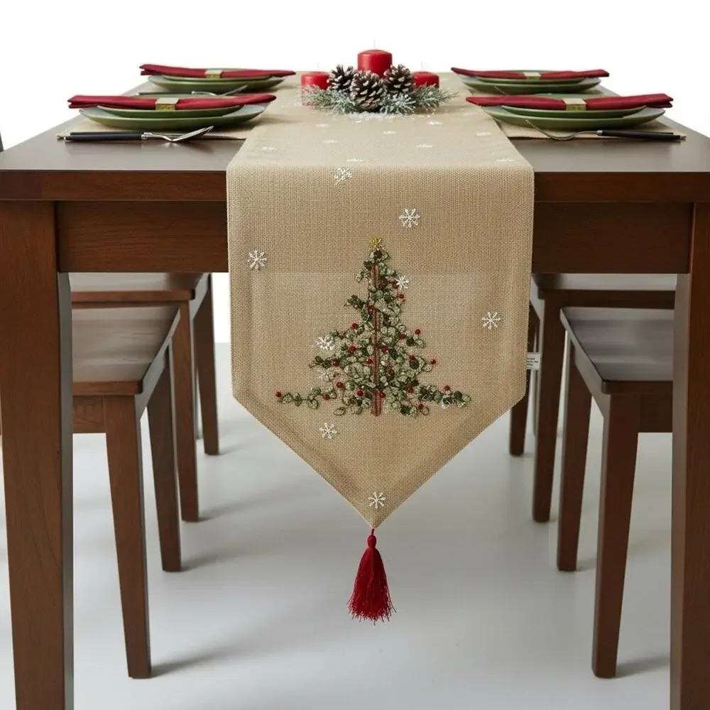 Christmas Table Runner Gold Sparkle Ribbon Embroidered Tree Tassels XMAS 72 X 13